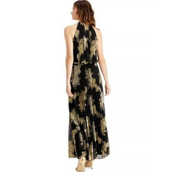 MSK Pleated Gold Print Maxi‎ Dress Women 16 Black Metallic Floral Event Wedding - Picture 3 of 15